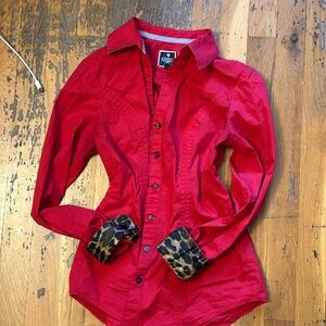 Red Button-Up Shirt with Leopard Cuffs